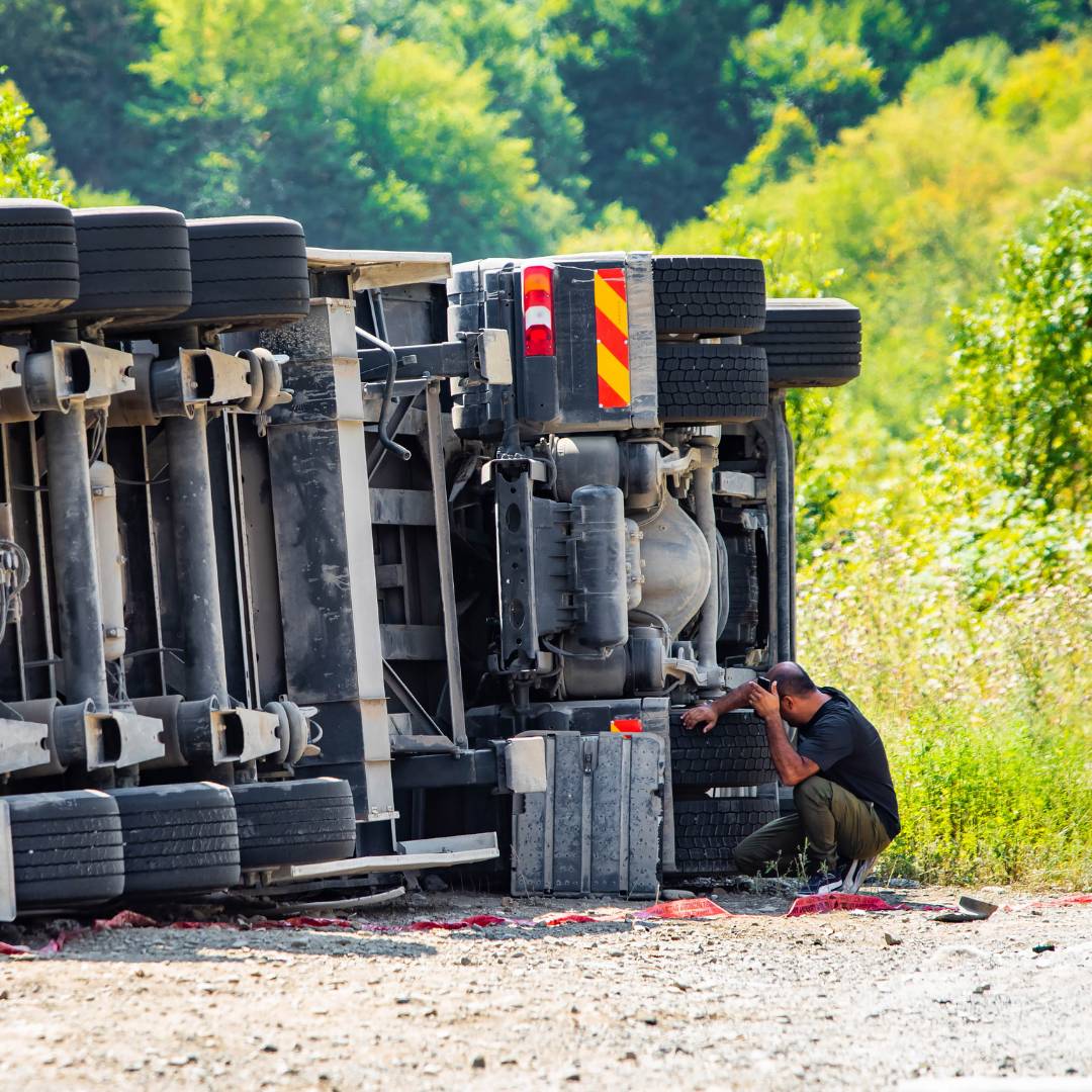 A semi-truck driver by his rolled over truck