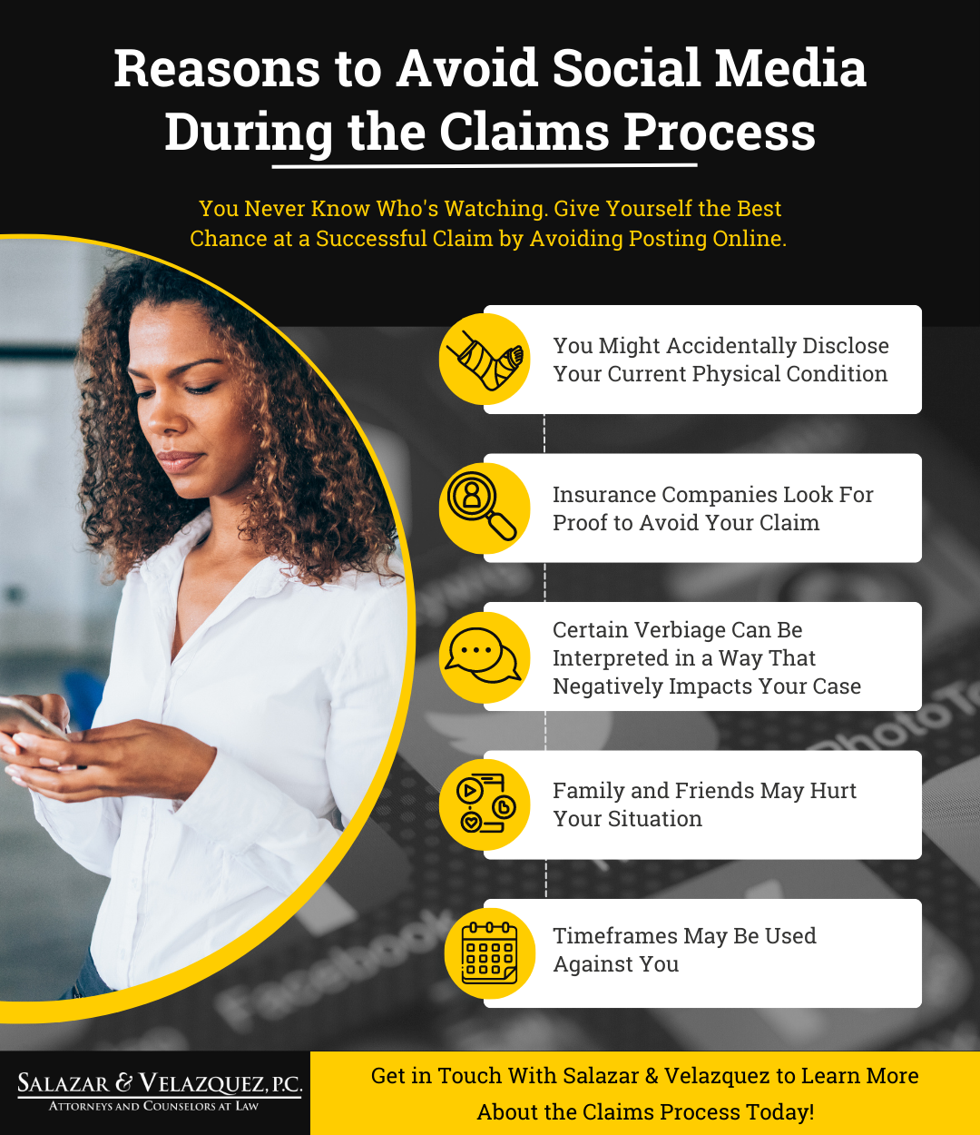 Infographic about reasons to avoid social media during the claims process. 