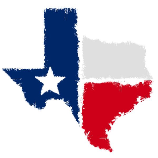 An outline of texas with the flags colors