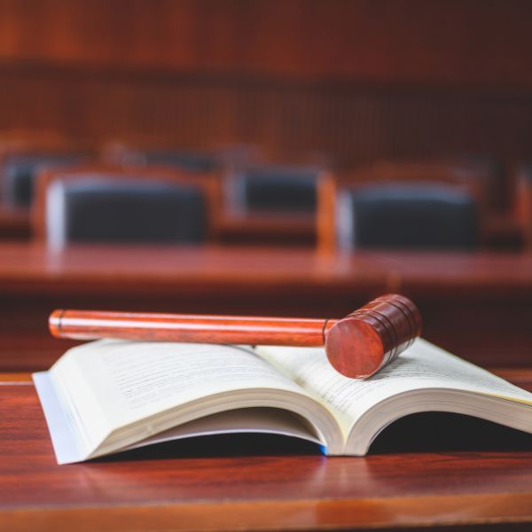 Judge gavel atop a law book