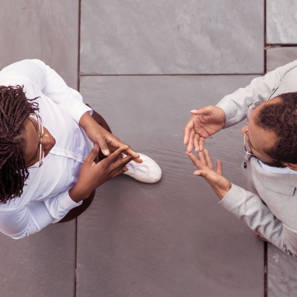 Two people talking