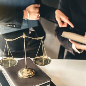 Two people looking at a law book
