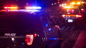 A police SUV with its lights on