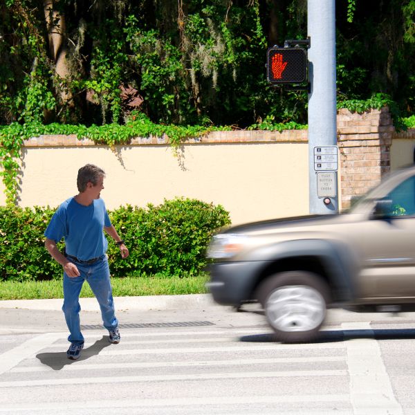 A person crossing the road as a car is coming