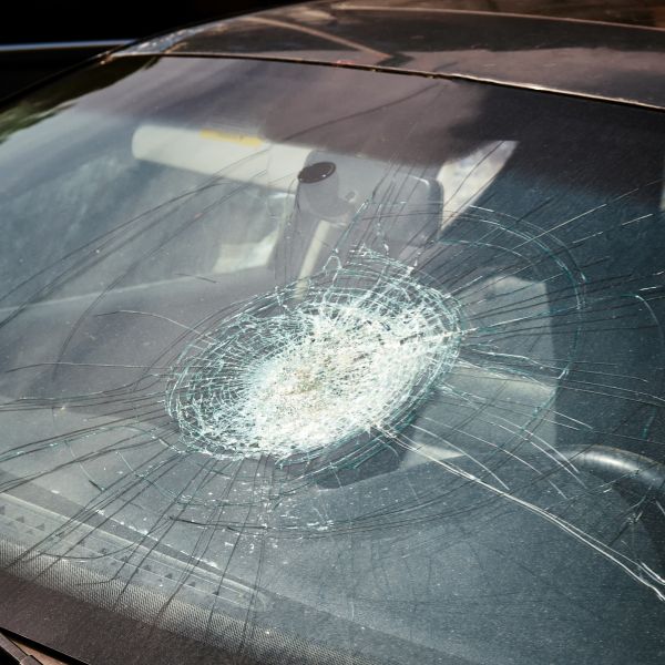 A destroyed front windshield