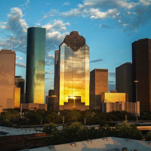 A skyline of Houston buildings