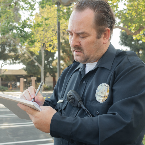 un oficial de policia escribiendo un informe