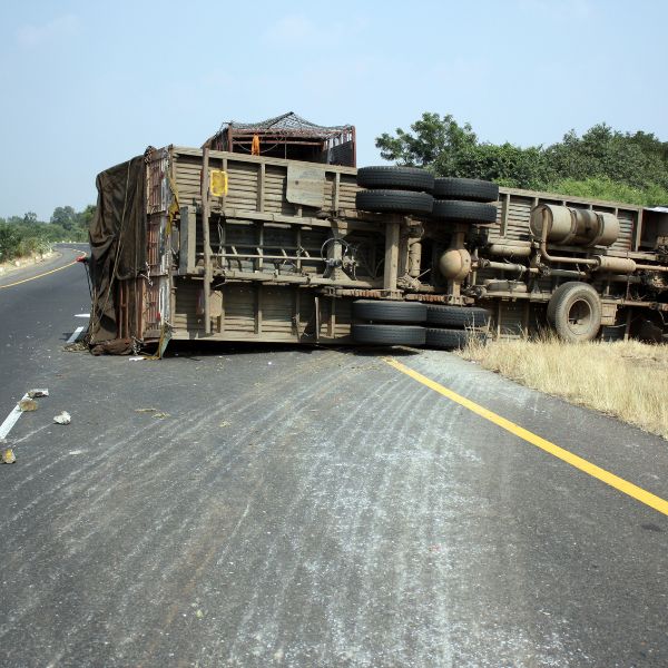 A turnover semi truck after a crash