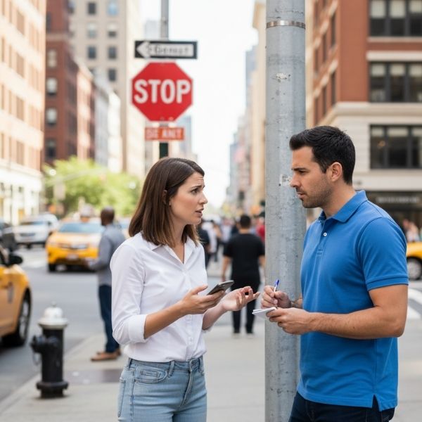 Two people talking on the street