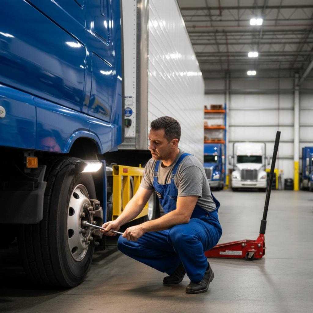 A mechanic fixing a semi truck