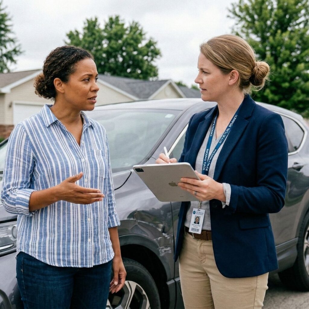 An insurance adjuster talking to the car owner