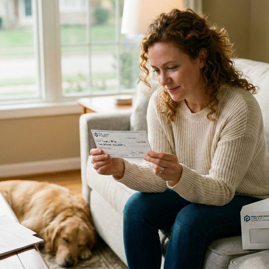 A woman looking at a check