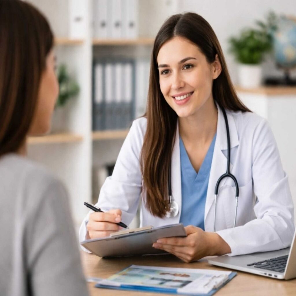 A doctor talking to a woman