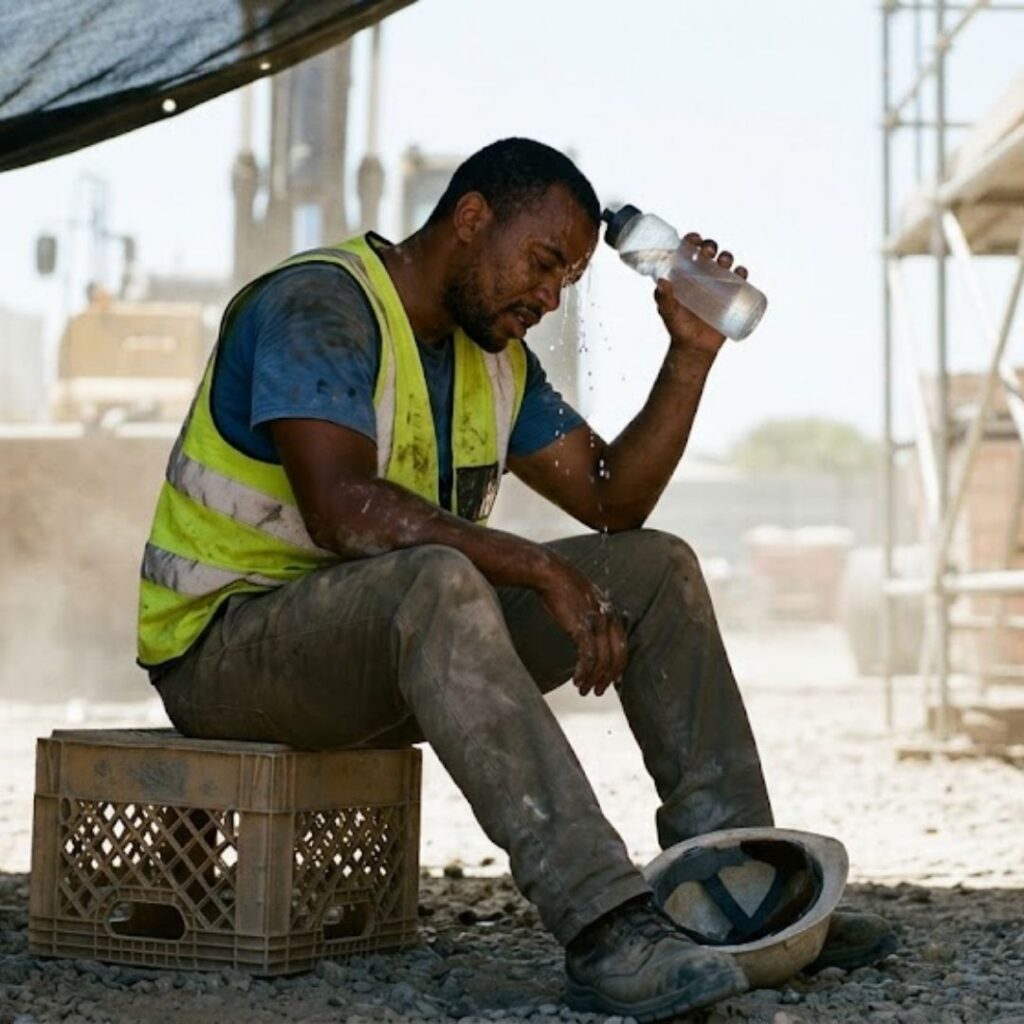 construction worker pouring water over head