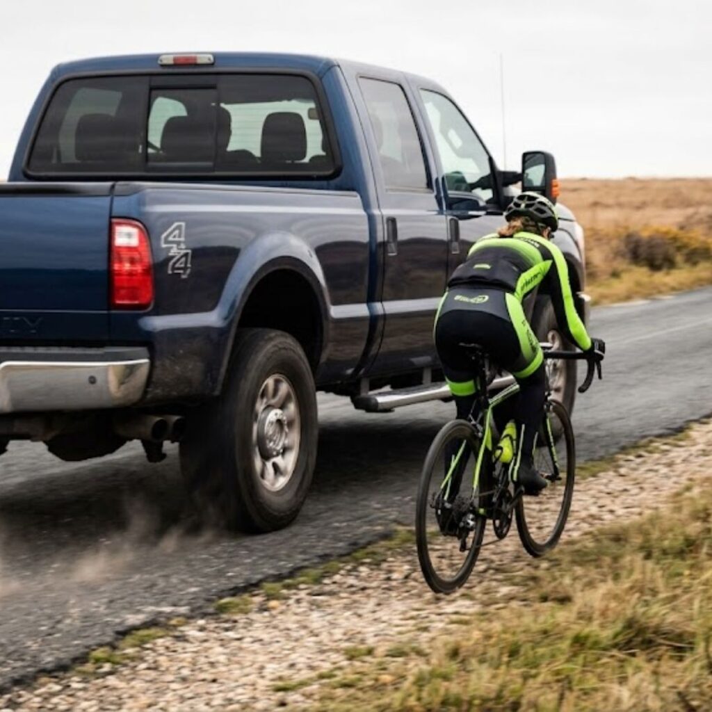 cyclist riding beside truck on rural road