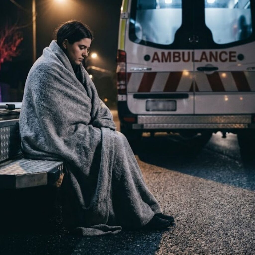 person sitting outside of ambulance