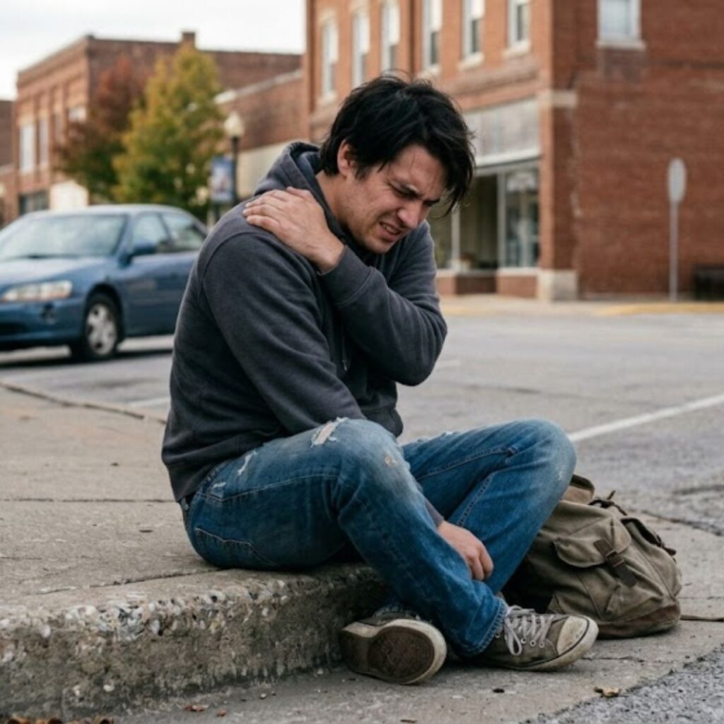 person sitting on curb holding shoulder