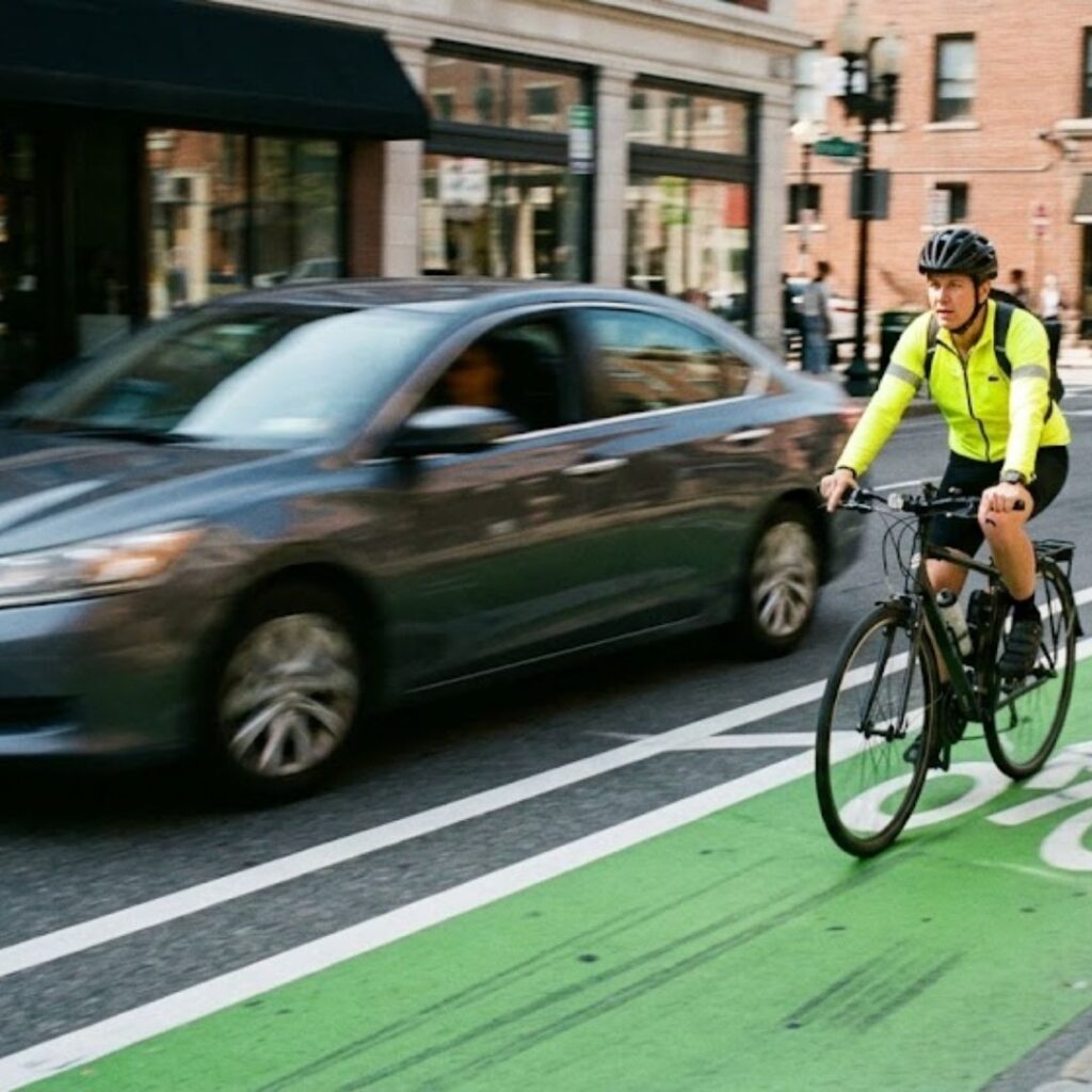 person riding ebike next to fast car