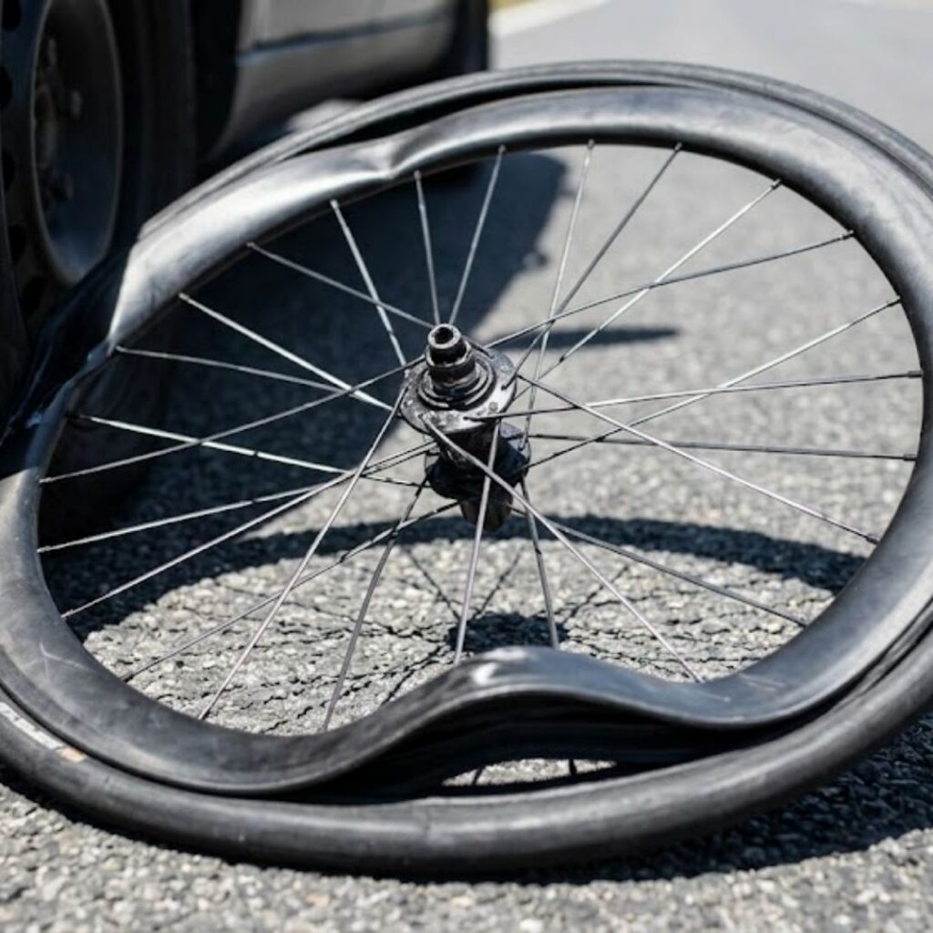 smashed bike tire under car