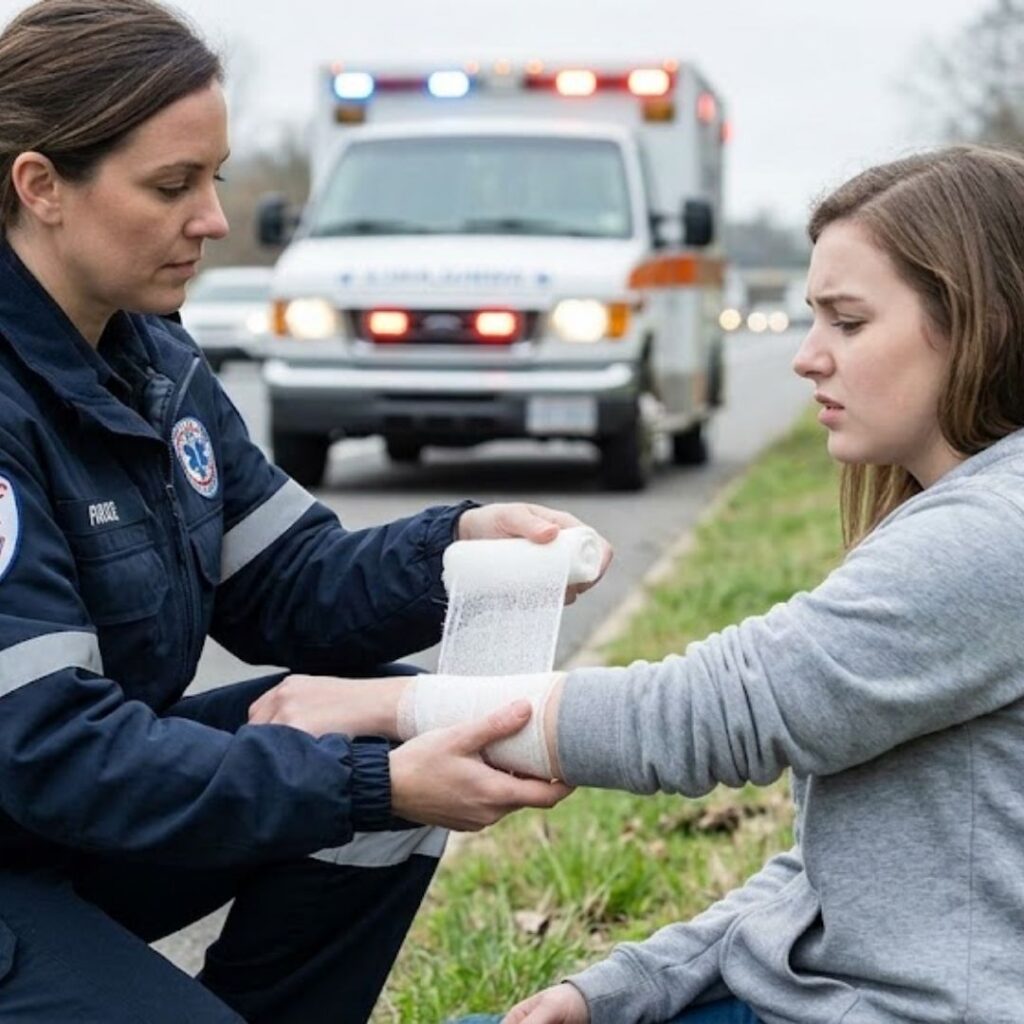 paramedic applying bandage to arm