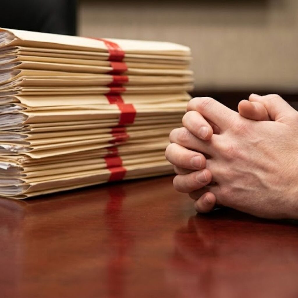 stack of files next to clasped hands
