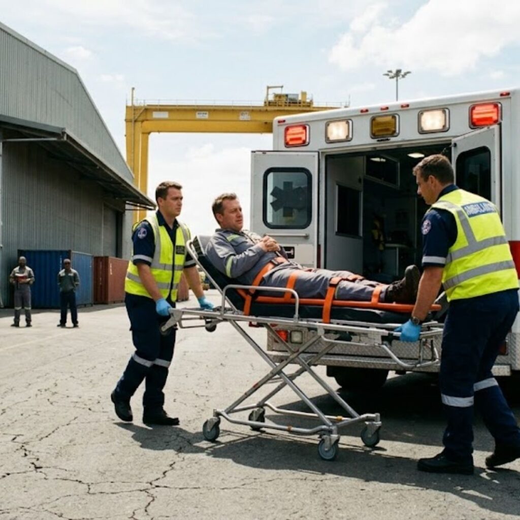 construction worker being taken via ambulance