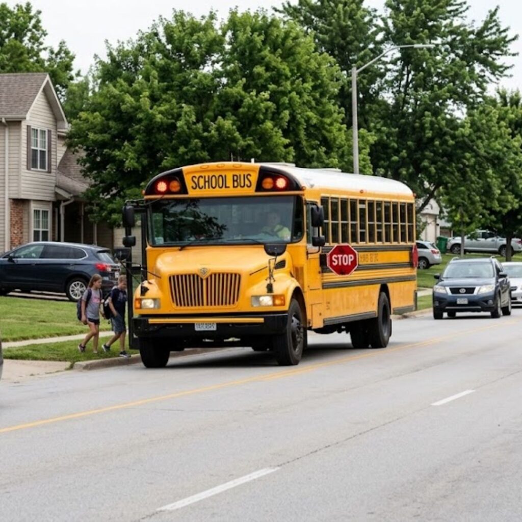 children getting on a school bus