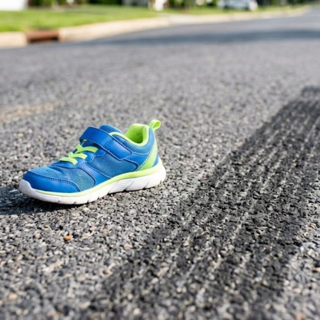 child shoe next to skid mark
