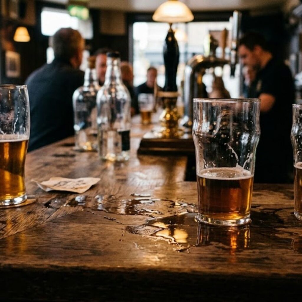 drinks on messy bar 
