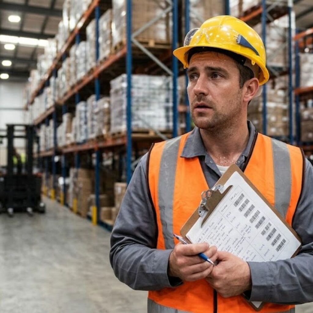 person in warehouse with hard hat and clipboard