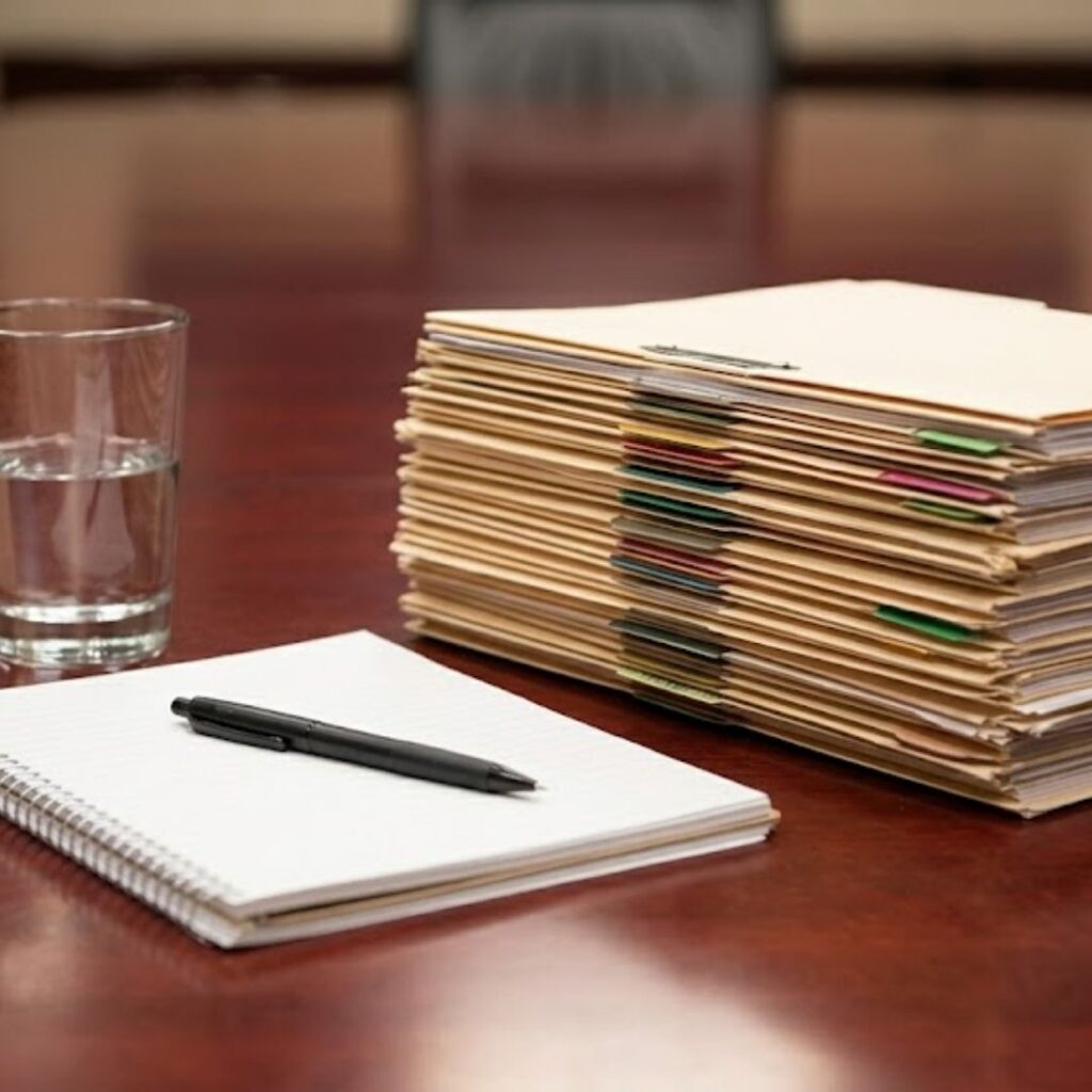 stack of files and notebook