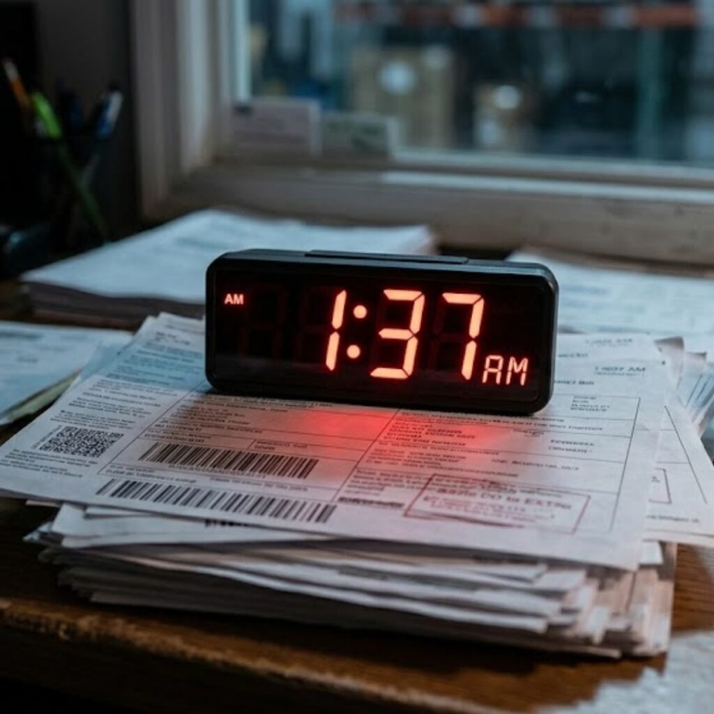 time clock on pile of paperwork
