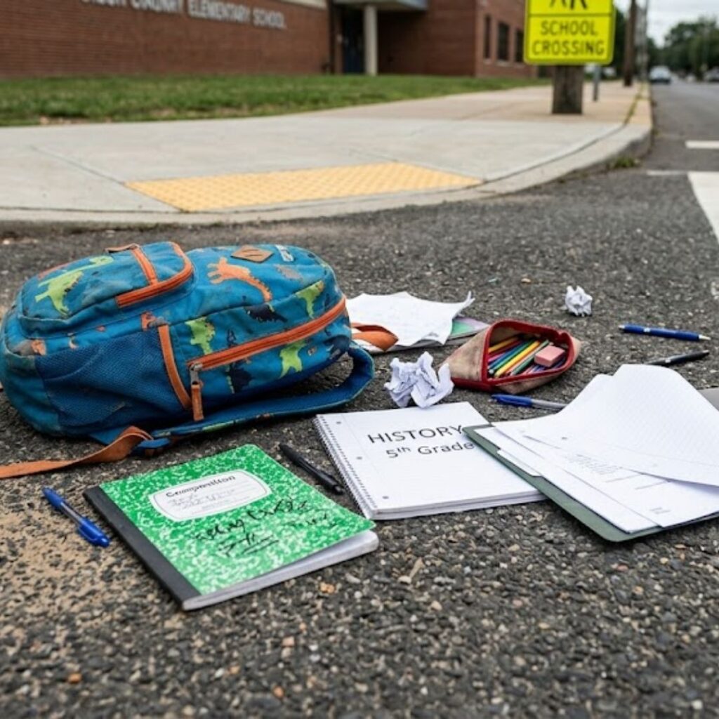backpack and school supplies scattered in crosswalk