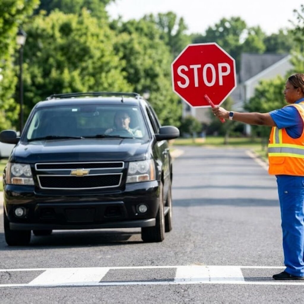 cross walk guard holding stop sign