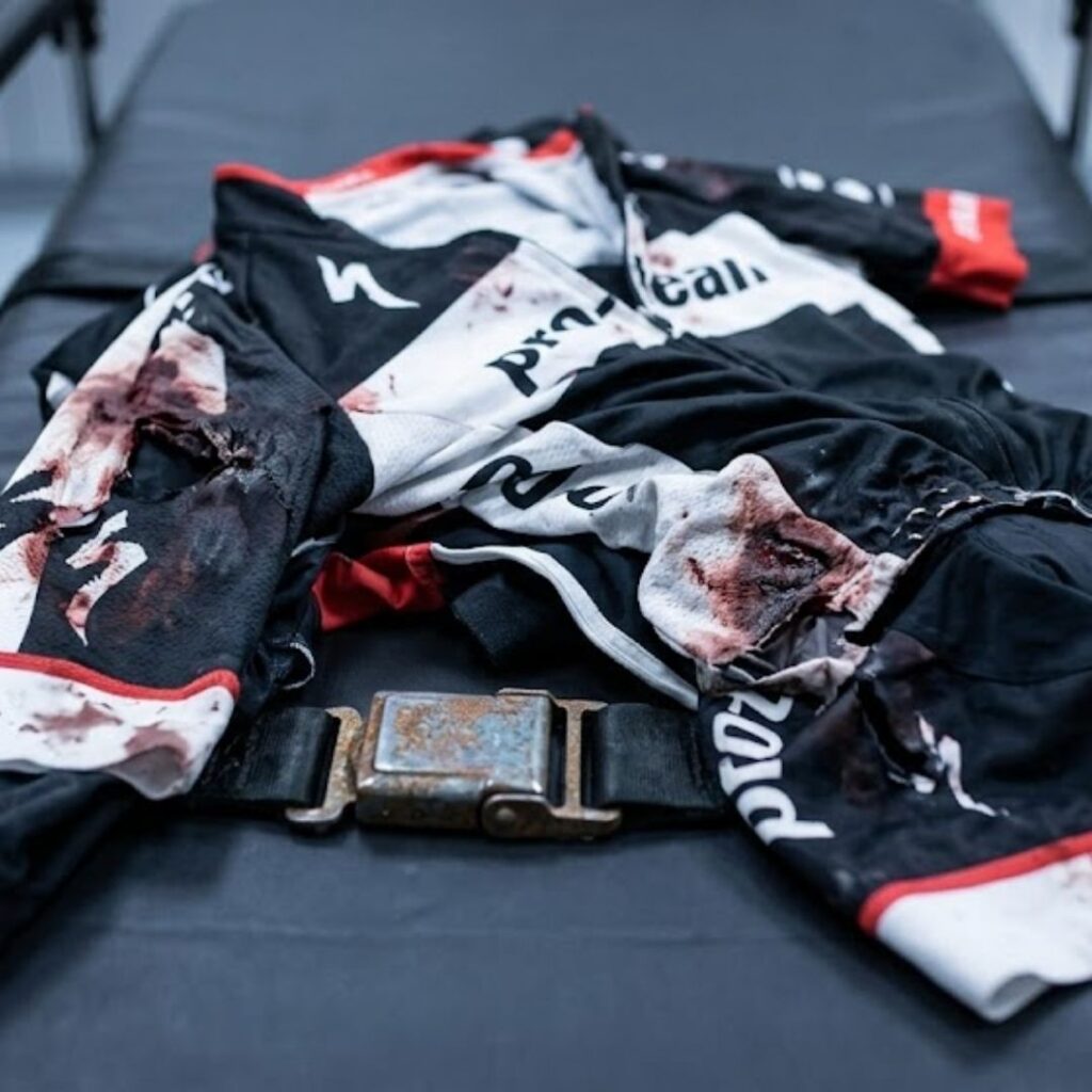 torn and bloodied professional cycling apparel