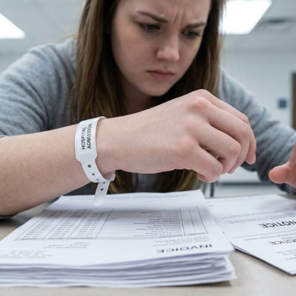 person looking at medical bills concerningly