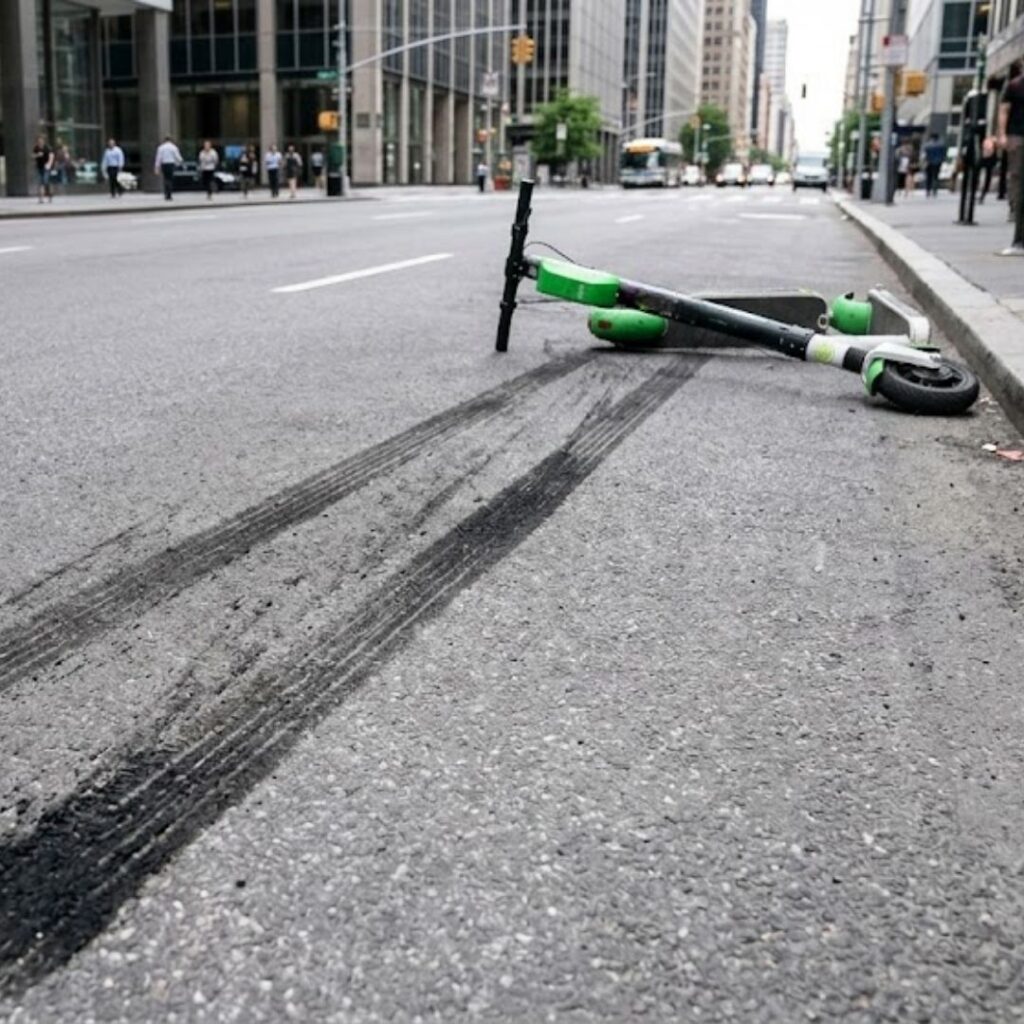 electric scooter on ground with skid marks