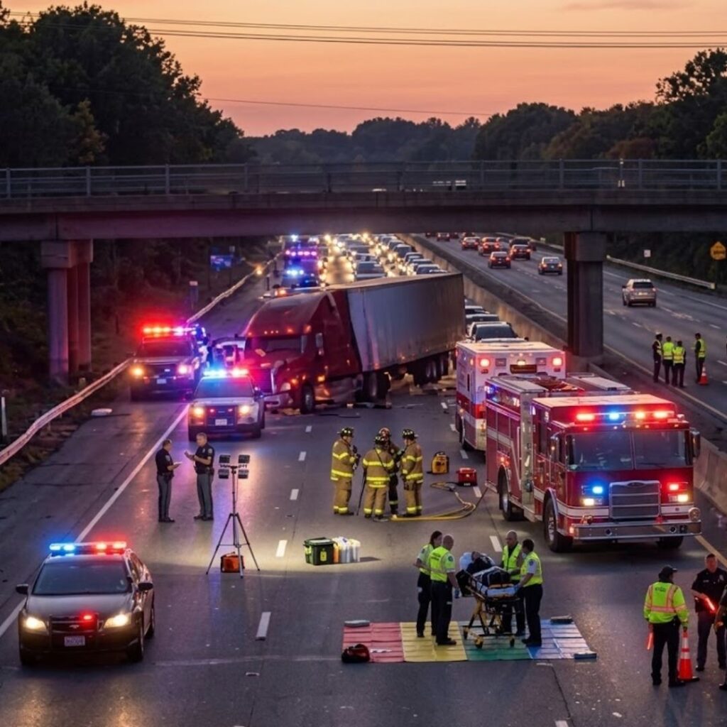 semi wreck with emergency responders on scene
