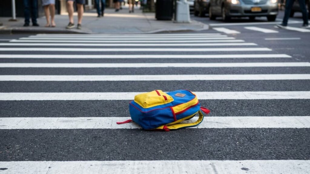 backpack in cross walk