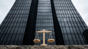 A small wooden scale of justice placed in front of a towering, intimidating corporate glass skyscraper