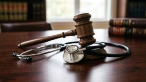dark wood gavel rests diagonally on top of a classic acoustic stethoscope