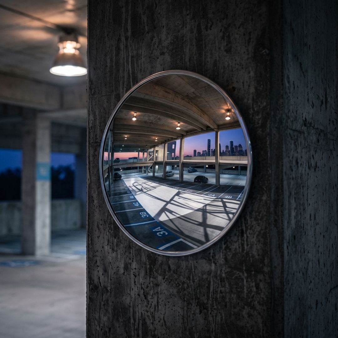 Round convex safety mirror mounted on a concrete parking garage pillar at a blind corner.