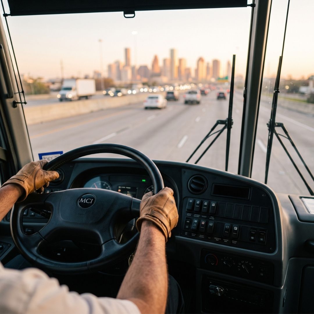 Commercial driver hands gripping a large bus steering wheel while driving on the highway.
