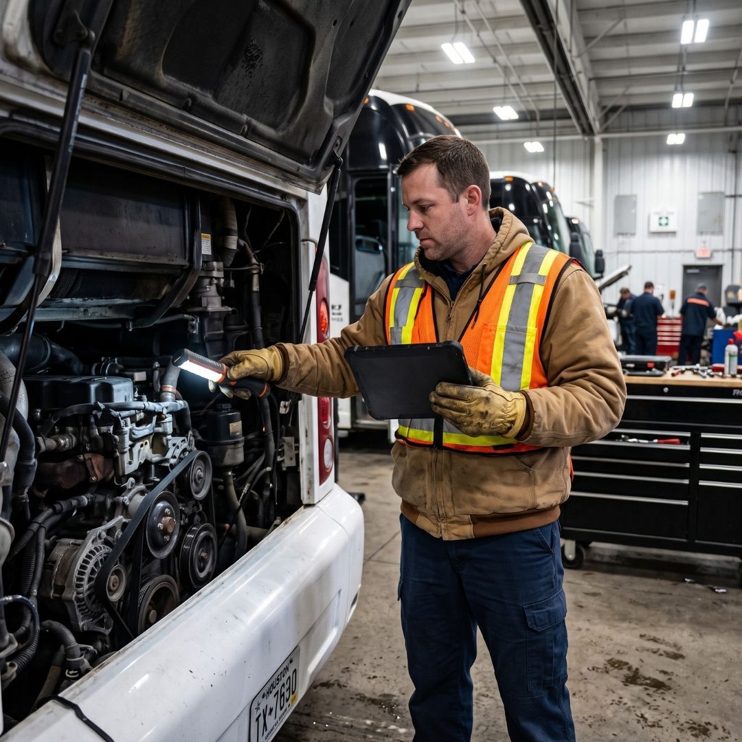 Commercial safety inspector holding a tablet while inspecting a bus engine bay.