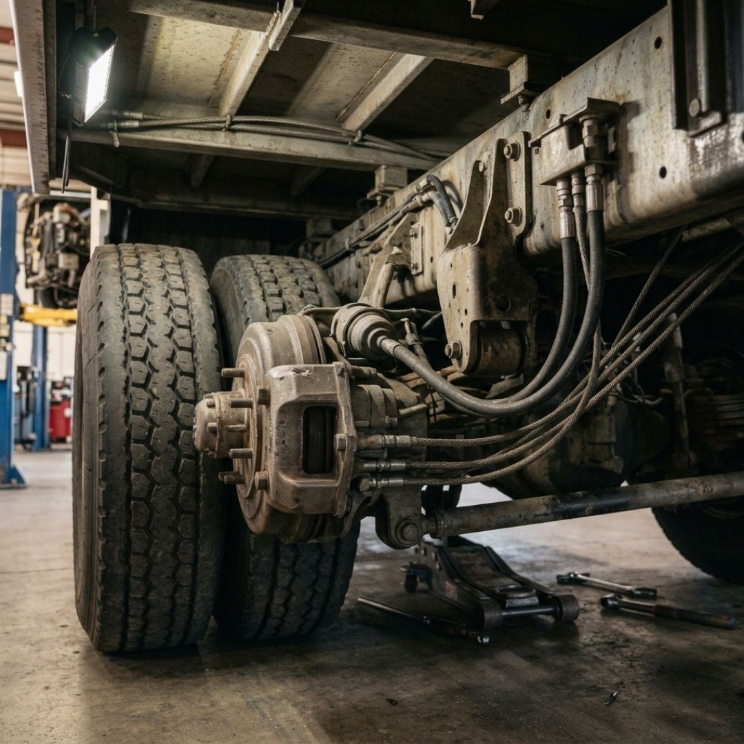 Heavy-duty commercial bus air brake system and tire assembly beneath the chassis.