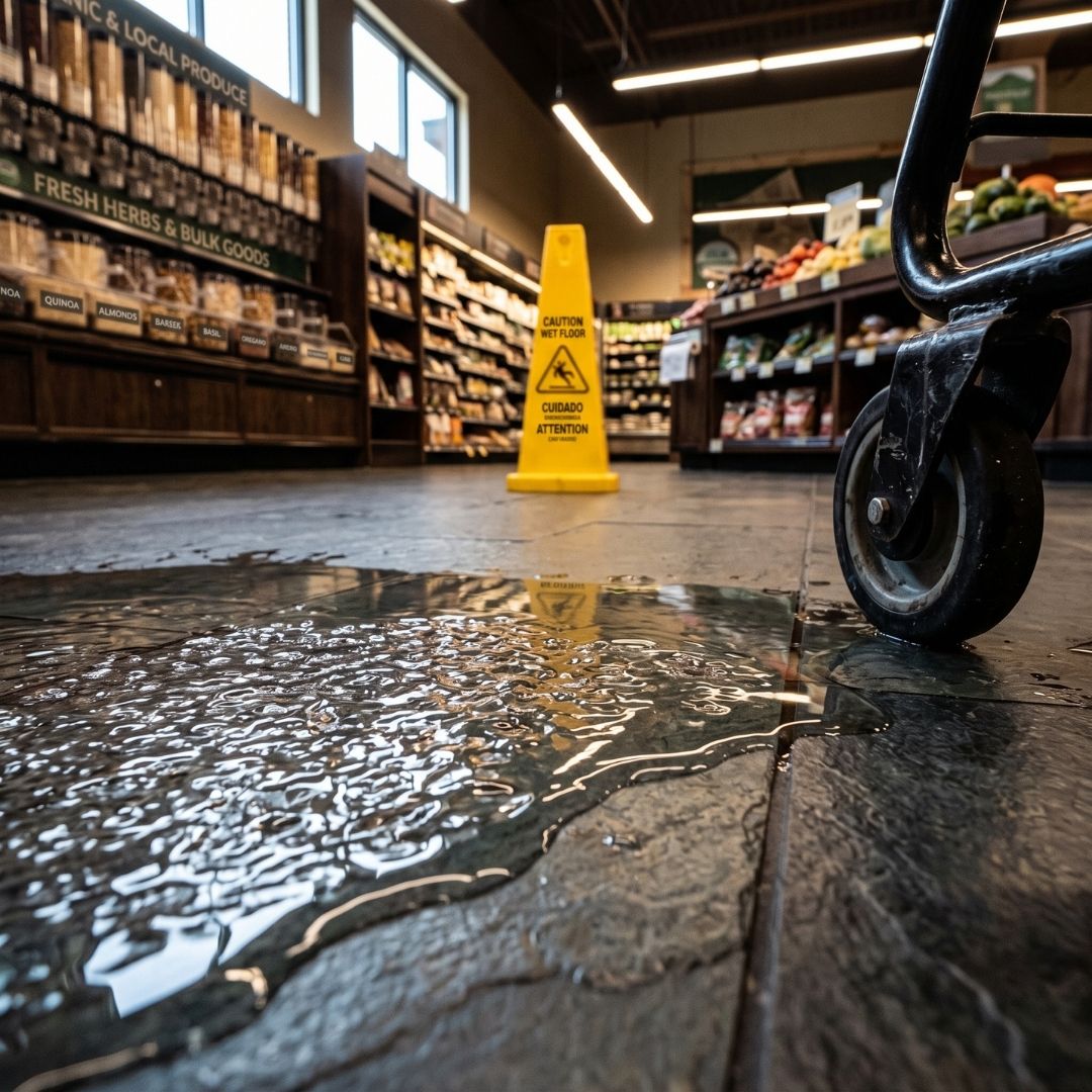 Close-up of a clear liquid spill puddle on a shiny supermarket tile floor.