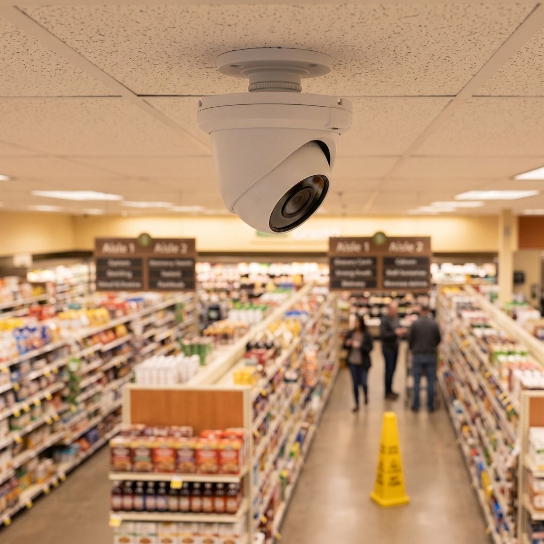 Ceiling-mounted security camera dome watching over a supermarket aisle.