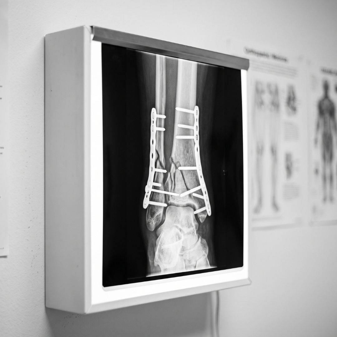 Medical X-ray showing orthopedic surgical plates and screws in a broken joint.