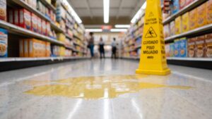 Brightly lit Houston grocery store aisle with polished floors and a yellow caution cone near a spill.