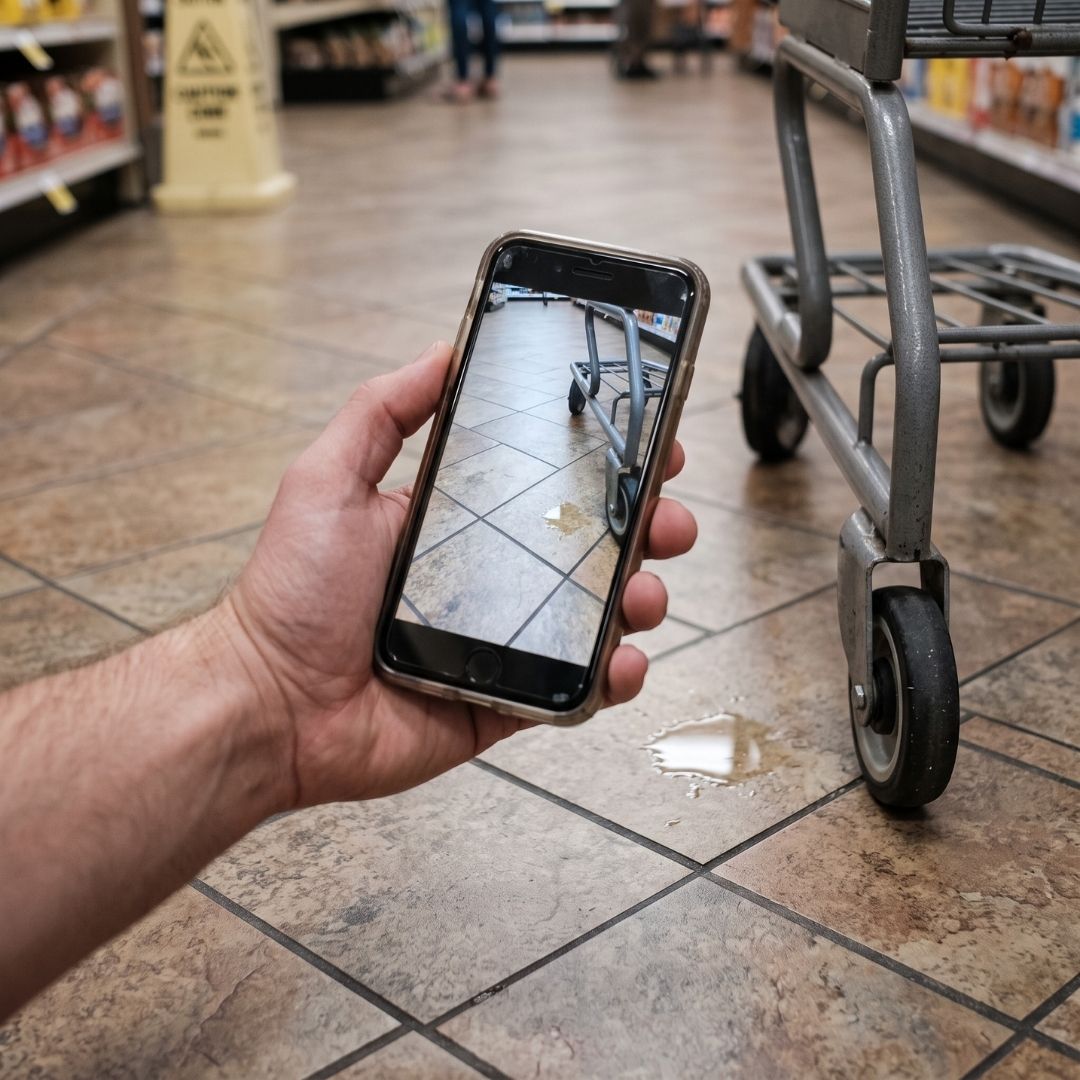 Smartphone taking a photo of a wet floor hazard next to a shopping cart.